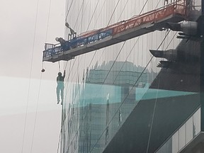 A window washer who has fallen at Stantec Tower in Edmonton Alberta on October 25th, 2019. Photo supplied via Twitter user @PiceSeas