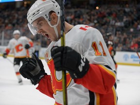 October 20, 2019; Anaheim, CA, USA; Calgary Flames forward Mikael Backlund (11) celebrates his goal scored against the Anaheim Ducks during the third period at Honda Center. Mandatory Credit: Gary A. Vasquez-USA TODAY Sports ORG XMIT: USATSI-405121
