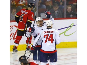 Calgary Flames goalie Cam Talbot is scored on by Washington Capitals Alex Ovechkin in second period NHL action at the Scotiabank Saddledome in Calgary on Tuesday, October 22, 2019. Darren Makowichuk/Postmedia