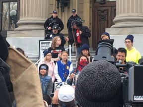 Activist Greta Thunberg prepares to speak at the climate change protest at the Legislature in Edmonton on Friday, Oct. 18, 2019.