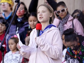 Swedish teen environmental activist Greta Thunberg speaks at a climate change rally in Denver, Colorado, on Oct. 11, 2019.