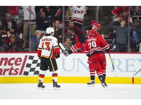 Oct 29, 2019; Raleigh, NC, USA; Carolina Hurricanes right wing Andrei Svechnikov (37) celebrates after scoring a third period goal against the Calgary Flames at PNC Arena.   Mandatory Credit: James Guillory-USA TODAY Sports ORG XMIT: USATSI-405176