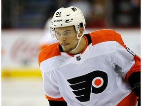 Philadelphia Flyers rookie Carsen Twarynski during warm up before taking on the Calgary Flames in Calgary on Tuesday, October 15, 2019. Darren Makowichuk/Postmedia