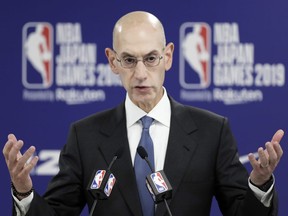 Adam Silver, commissioner of the National Basketball Association gestures as he speaks during a news conference prior to the NBA Japan Games 2019 between the Houston Rockets and the Toronto Raptors in Saitama, Japan, on Tuesday, Oct. 8, 2019.