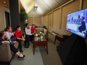 Liberal leader and Canadian Prime Minister Justin Trudeau and his wife Sophie Gregoire Trudeau, sons Xavier and Hadrien, and daughter Ella-Grace watch a television broadcast of the initial results from the federal election, in Montreal, Canada, October 21, 2019.