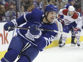 Leafs Auston Matthews in second period action against the Montreal Canadiens at the Scotiabank Arena  in Toronto on Saturday, Oct. 5, 2019.
