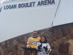 Toby and Bernadine Boulet speak at the official unveiling of the rebranded Logan Boulet Arena in Lethbridge on Saturday, Oct. 27, 2019. The former Adams Ice Centre was renamed for the local product who was killed in the 2018 highway crash involving members of the Humboldt Broncos. Supplied photo/Postmedia Calgary