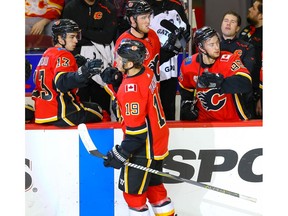 Calgary Flames Matthew Tkachuk celebrates with teammates after his goal against the Florida Panthers during NHL hockey in Calgary on Thursday October 24, 2019. Al Charest / Postmedia