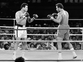 In this photo taken on October 30, 1974 shows the fight between U.S. boxing heavyweight champions, Muhammad Ali (L) (born Cassius Clay) and George Foreman in Kinshasa, Zaire in the Rumble in the Jungle.