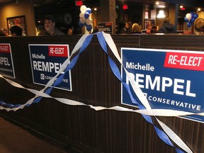 Campaign signs are shown at Conservative candidate Michelle Rempel's election headquarters on Monday, Oct. 21, 2019.