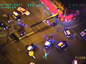 Footage from Air 2, the Edmonton Police Service's helicopter, of 107 Street and Jasper Avenue after two women were struck by a speeding U-Haul on Sept. 30, 2017. The Crown alleges Abdulahi Sharif used the U-Haul to strike pedestrians while fleeing police. He is on trial for a number of offences including five counts of attempted murder.