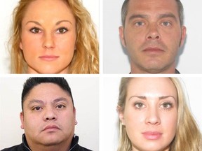 Calgary police have issued arrest warrants for four people suspected of running a vehicle theft ring (clockwise, top left): Ashley Marie Myshrall, Jason Joseph Buckley, Kathleen Marie Jackson and Sherwin Hadji-Latiph Mendoza.
