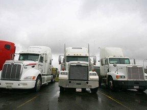Transport trucks parked  at the Flying J truck stop in southeast Calgary.