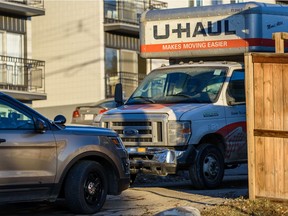 Pictured is a U-Haul truck whose driver was arrested after speeding and hitting multiple vehicles throughout the city on Thursday, November 14, 2019. The driver fled the scene and the police arrested him near Centre Street and 38th Avenue N.E. after a long chase.  Azin Ghaffari/Postmedia Calgary