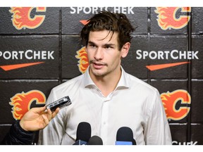 Calgary Flames centre Sean Monahan offers his reaction to the recent drama regarding teammate TJ Brodie, who collapsed during practice on Thursday. Photo by Azin Ghaffari/Postmedia.