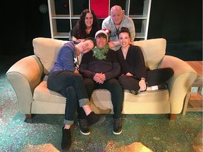 Lunchbox Theatre's Last Christmas with playwright Neil Fleming, front centre. Griffin Cork is sitting on left, with Helen Knight on the right. Standing behind are Cheryl Hutton and Robert Klein. Courtesy, Cheryl Hutton