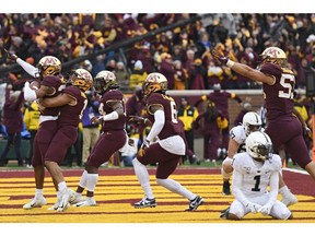 *** BESTPIX *** MINNEAPOLIS, MINNESOTA - NOVEMBER 09: Defensive back Jordan Howden #23 of the Minnesota Golden Gophers celebrates after making an interception on a pass intended for wide receiver KJ Hamler #1 of the Penn State Nittany Lions in the end zone during the fourth quarter at TCFBank Stadium on November 09, 2019 in Minneapolis, Minnesota.