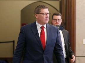 Saskatchewan Premier Scott Moe arrives to speak to the media after a meeting with Canada's Prime Minister Justin Trudeau on Parliament Hill in Ottawa, Ontario Canada November 12, 2019.