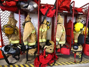 Calgary firefighter duty gear is shown at No. 16 Station on 11th Street S.E. in Calgary on Friday, July26, 2019. The Calgary fire department is facing budget cuts as part of a larger City of Calgary budget reduction plan.