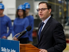 Demetrios Nicolaides, minister of advanced education, speaks during a government of Alberta announcement of the tripling of annual funding to the CAREERS: The Next Generation program to $6 million a year by 2022-23 at Silent-Aire in Edmonton, on Monday, Oct. 28, 2019.
