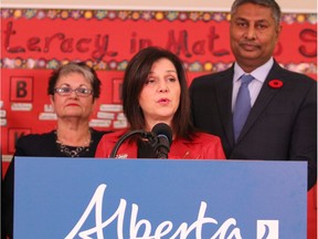 Education Minister Adriana LaGrange (centre) speaks to reporters during the announcement of the school projects supported by the Budget 2019 Capital Plan, including a new high school in the northeast.