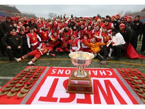 The Calgary Dinos celebrate after defeating the University of Saskatchewan Huskies 29-4 in the Hardy Cup at McMahon Stadium on Saturday November 9, 2019 Gavin Young/Postmedia