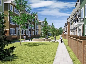 An artist's rendering of the courtyard exterior of the Skylar Townhomes in Kinniburgh, Chestermere.
