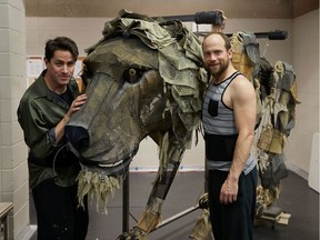Actors Bruce Horak and Jerod Blake with Aslan in rehearsals for Alberta Theatre Projects' The Lion, the Witch and the Wardrobe. Photo by Jeff Yee