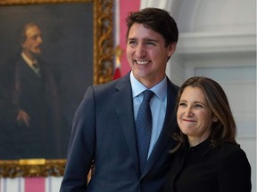 Canadian Prime Minister Justin Trudeau poses with Chrystia Freeland after she was sworn-in as deputy prime minister and minister of intergovernmental affairs during a ceremony at Rideau Hall on November 20, 2019 in Ottawa, Canada.