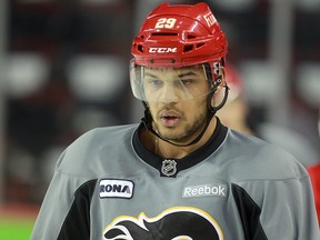 Akim Aliu made his NHL debut with the Calgary Flames in April 2012. He's pictured here during a practice on Feb. 22, 2013.