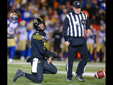 Hamilton Tiger-Cats quarterback Dane Evans reacts after an incomplete pass during the 107th Grey Cup CFL championship football game in Calgary on Sunday, November 24, 2019. Al Charest/Postmedia
