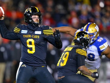 Hamilton Tiger-Cats quarterback Dane Evans against the Winnipeg Blue Bombers during the 107th Grey Cup CFL championship football game in Calgary on Sunday, November 24, 2019. Al Charest/Postmedia