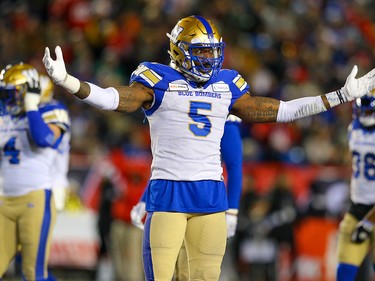 Winnipeg Blue Bombers Willie Jefferson against the Hamilton Tiger-Cats during the 107th Grey Cup CFL championship football game in Calgary on Sunday, November 24, 2019. Al Charest/Postmedia