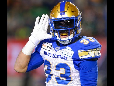 Winnipeg Blue Bombers Andrew Harris celebrates after first down carrie against the Hamilton Tiger-Cats during the 107th Grey Cup CFL championship football game in Calgary on Sunday, November 24, 2019. Al Charest/Postmedia