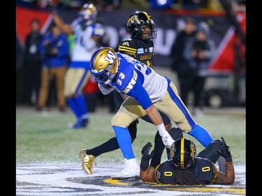 Winnipeg Blue Bombers Andrew Harris with his second touchdown against the Hamilton Tiger-Cats during the 107th Grey Cup CFL championship football game in Calgary on Sunday, November 24, 2019. Al Charest/Postmedia