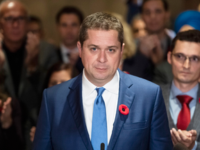 Conservative leader Andrew Scheer speaks to reporters following a caucus meeting on Parliament Hill in Ottawa on Nov. 6, 2019.