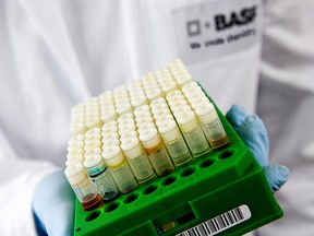 A BASF lab employee monitors test tubes for crop protection research. BASF Agricultural Solutions recently relocated its Canadian headquarters to Calgary from Mississauga, Ont.