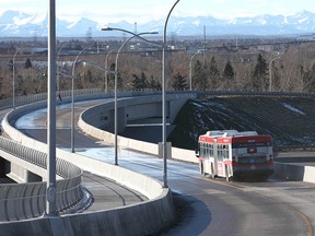 A west-bound Calgary Transit bus is shown on the newly constructed BRT bridge on Wednesday, Nov. 13, 2019.