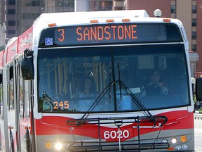 A Calgary Transit bus crosses the Centre Street bridge in Calgary Monday, July 29, 2019.
