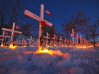 Over 3600 candles created a moving scene  at the Field of Crosses during a special sunset ceremony the day before Remembrance Day on Sunday November 10, 2019. It was the first year that candles were placed in front of each cross at the Field of Crosses.
