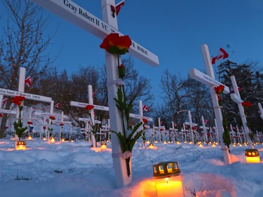Over 3600 candles created a moving scene  at the Field of Crosses during a special sunset ceremony the day before Remembrance Day on Sunday November 10, 2019. It was the first year that candles were placed in front of each cross at the Field of Crosses. Gavin Young/Postmedia