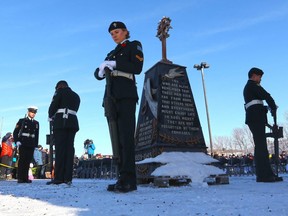 The honour guard stand at the cenotaph during the Remembrance Day service at the Military Museums in Calgary on Monday November 11, 2019.  Gavin Young/Postmedia