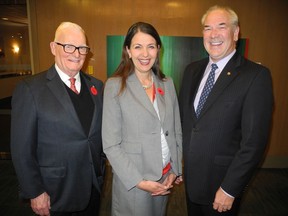 Pictured with honourees Jim Gray (left) and Steve Williams at the Third Annual Distinguished Policy Fellow Awards Dinner is emcee Danielle Smith, radio talk-show host.