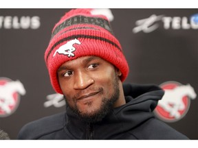 Calgary Stampeders defensive back Tre Roberson speaks to media after the team lost the West Division Semi-Final game against the Winnipeg Blue BombersMonday, November 11, 2019. Dean Pilling/Postmedia