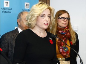 Marilyn Dennis, Chair of the Board of Trustees for the Calgary Board of Education, speaks at a press conference in response to the new UCP budget that the CBE says leaves them with $32 million less than last year.