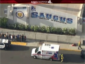 Police and emergency vehicles on the scene of a shooting at Saugus high school in Santa Clarita, California, U.S., November 14, 2019 in this screenshot taken from video footage courtesy of NBCLA.  NBCLA via REUTERS    THIS IMAGE HAS BEEN SUPPLIED BY A THIRD PARTY. NO RESALES. NO ARCHIVES ORG XMIT: NYK999