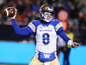 Winnipeg Blue Bombers quarterback Zach Collaros throws in the third quarter during the 107th Grey Cup in Calgary at McMahon Stadium on Sunday, Nov. 24, 2019.