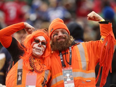 Grey Cup fans celebrate during the 107th Grey Cup CFL Championship football game in Calgary at McMahon Stadium Sunday, November 24, 2019. Jim Wells/Postmedia