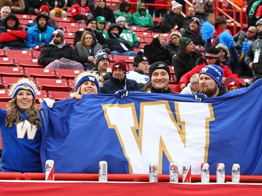 Winnipeg fans party during the 107th Grey Cup CFL Championship football game in Calgary at McMahon Stadium Sunday, November 24, 2019. Jim Wells/Postmedia