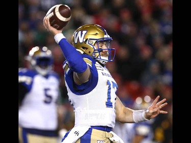 Winnipeg Blue Bombers QB Chris Streveler throws during the 107th Grey Cup CFL Championship football game in Calgary at McMahon Stadium Sunday, November 24, 2019. Jim Wells/Postmedia